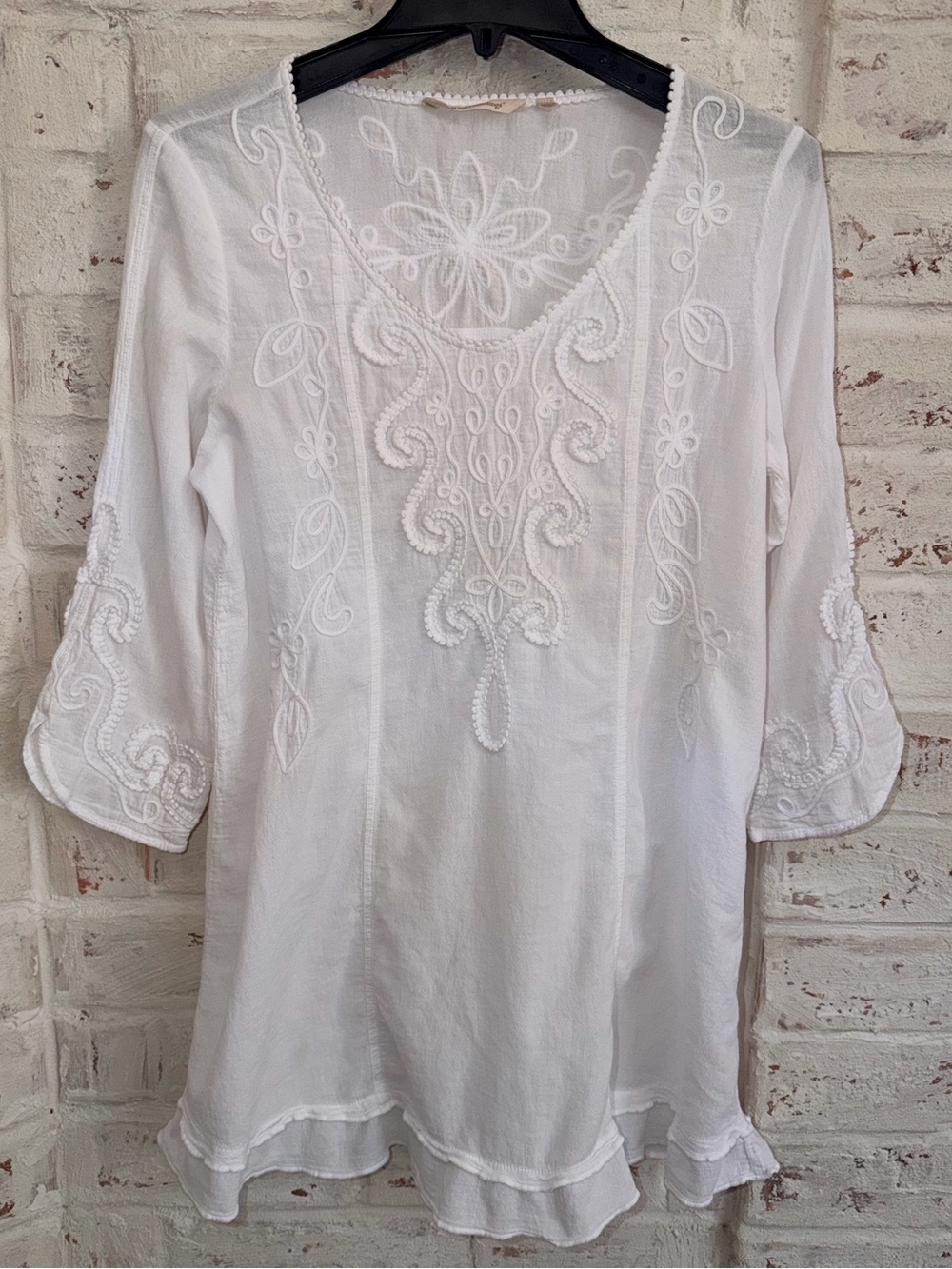 Soft Surroundings White Embroidered 100% Cotton Boho Tunic Top Small Peru
